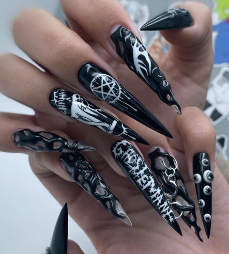 Goth Punk Nails, Nail Competition, Gothic Nail Art, Horror Nails, Opal Nails, Witchy Nails, 2024 Nails, Punk Nails, Nail Drawing