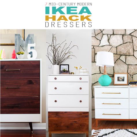 7 Mid-Century Modern IKEA Hack Dressers Ikea Mcm, Craft Room Ikea, Dresser Makeovers, Malm Dresser, Ikea Dresser, Cottage Market, Dressers Makeover, Ikea Malm, Jewelry Rack