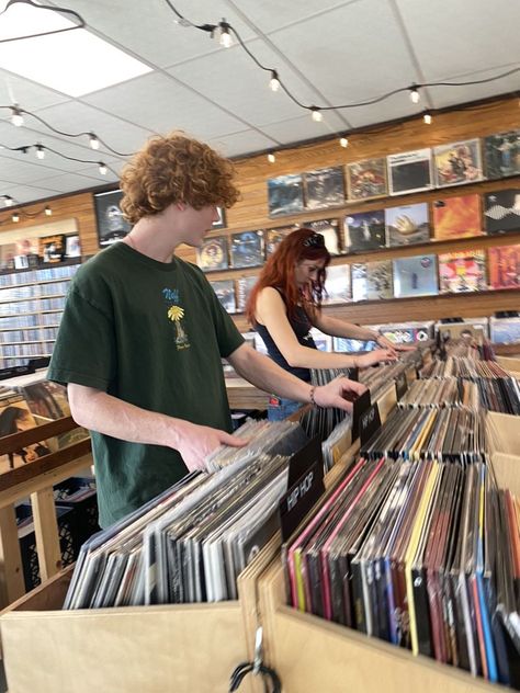 Downtown With Friends Aesthetic, Musician Bf Aesthetic, Couple In Record Store, Sharing Music Aesthetic, Couple Music Aesthetic, Record Store Date, Music Couple Aesthetic, Musician Couple Aesthetic, Meet Cute Aesthetic