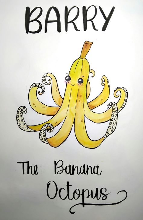 Fruit/animal (fruitimals) combo banana octopus drawing using watercolours and fineliners Animal Fruit Drawing, Banana Octopus, Octopus Cartoon, Fruit Drawing, Cartoon Banana, Octopus Drawing, Animal Fruit, Fruit Animals, Fruits Drawing