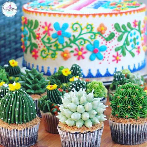 These succulent cupcakes complete the fiesta-themed party #fiestathemeparty #fiesta #fiestatheme #mexicancake #mexicanfiestatheme #mexicanfiestacake #mexicanembroiderycake #succulents #succulentcupcakes #grandrapids #grandrapidsmi Bridal Party Ideas Theme, Grandmas Cake, 40th Fiesta, Mexican Fiesta Cake, Bridal Party Ideas, Cactus Birthday, Succulent Theme, Succulent Cupcakes, Mexican Quinceanera