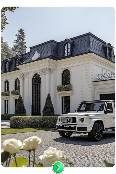 The French-inspired mansion combines classic architecture with modern luxury, surrounded by beautifully landscaped gardens, perfect for those looking for a timeless aesthetic dream house. Luxury House Layout, Modern French Mansion, Aesthetic House Exterior, 21 Aesthetic, House Hallway, French Mansion, Old Money House, Apartment Exterior, Aesthetic Dream