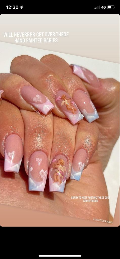 Cupid Nail Art, Angel Inspired Nails, Cupid Nails Designs, Nails With Angels, Angel Nails Acrylic, Angel Nail Art Design, Angel Theme Nails, Angel Nails Designs, Cherub Nails Designs