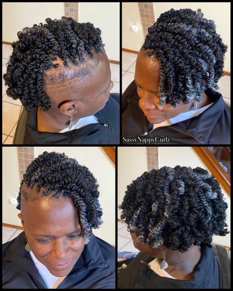 Spring twists on shaved sides Passion Twists With Shaved Sides, Braids With Shaved Sides Black Women, Short Spring Twists, Crochet Braids With Shaved Sides, Short Crochet Braid Styles, Box Braids Shaved Sides, Braided Mohawk, Braided Mohawk Hairstyles, Head Braid