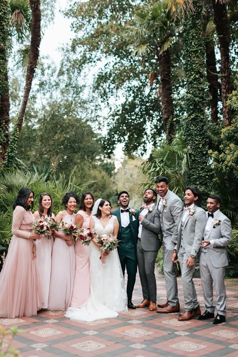 Blush Pink And Sage Green Wedding Men, Blush Pink Wedding Party, Blush And Sage Bridal Party, Dusty Pink Groomsmen, Green Groomsmen Pink Bridesmaid, Pink And Green Wedding Groomsmen, Bridesmaids Blush Pink, Dark Green Groom Suit Bridesmaid Dresses, Blush Wedding Dress With Groom