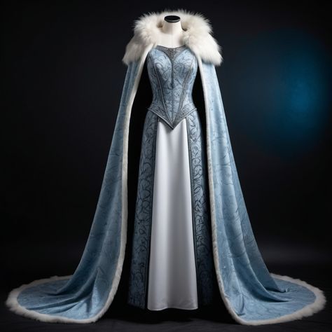 Got Daenerys Dresses, Ice Queen Dress Gowns, House Stark Dress, Midevil Dresses Princesses, Winter Fantasy Dress, Fantasy Winter Outfits, Winterfell Dress, Viking Gown, Stark Dress