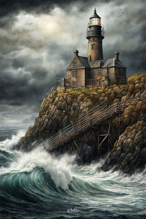 Vintage Lighthouse in Storm: Captivating Maritime Landscape Lighthouse In Storm, Ghost Ship Art, Vintage Lighthouse, Train Station Architecture, Lighthouses Photography, Old Sailing Ships, Maritime Art, Lighthouse Painting, Lighthouse Pictures