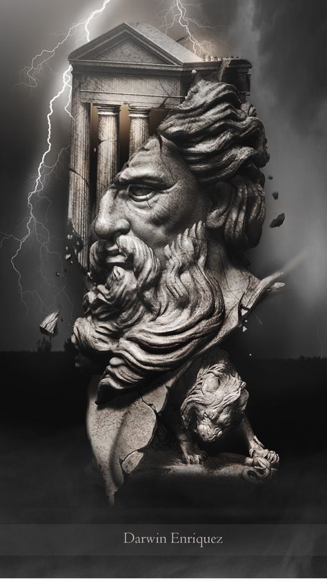 Zeus Concept Art, Zeus Tattoo Design Ideas, Greek Mythology Tattoo Design, Zeus Tattoo Design, Poseidon Tattoo, Zeus Tattoo, Realistic Tattoo Sleeve, Statue Tattoo, Greek Mythology Tattoos