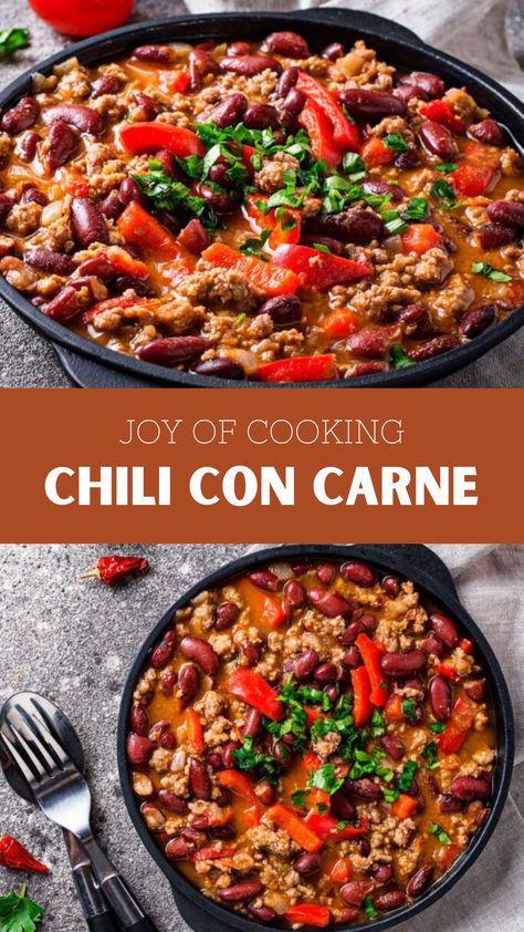 Joy Of Cooking Chili Con Carne Chili With Peppers And Onions, Chili Dinner, How To Cook Chili, The Joy Of Cooking, Green Pepper, Diced Tomatoes, Food Favorites, Joy Of Cooking, Peppers And Onions