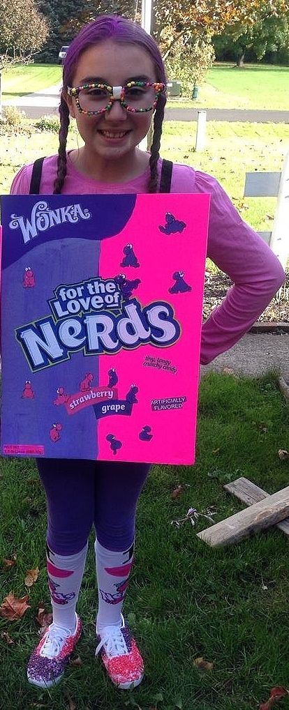 Homemade costume....candy nerds on shoes and glasses also Homemade Candy Costumes, Nerds Candy Costume Diy, Smarties Costume, Candy Halloween Costume Group, Nerds Candy Costume, Candy Costume Women, Candyland Float, Nerds Costume, Nerd Costume Diy