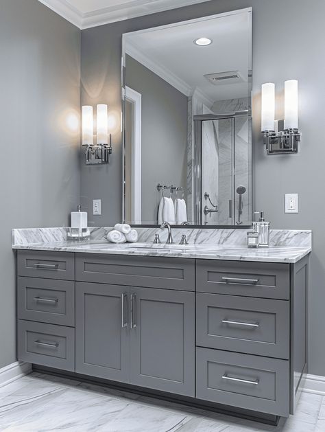 What Color Vanity Goes With Grey Walls? Light Grey Walls Bathroom Ideas, Gray Paint Bathroom Ideas, Gray Cabinet Bathroom Ideas, Grey Paint For Bathroom, Gray Paint Bathroom, Light Grey Bathroom Cabinets, Light Grey Vanity Bathroom, Small Full Bathroom Ideas Color, Bathroom With Grey Walls