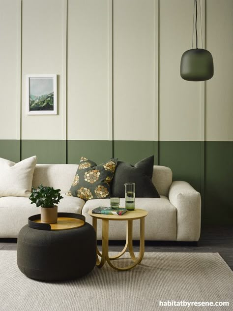 SpringRmSpringAccess Two Tone Walls, Tv Fal, Cosy Lounge, Freedom Furniture, Green Decor, Wainscoting, Wall Treatments, 인테리어 디자인, Feature Wall