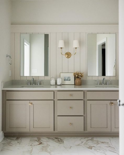 Off White Cabinets Bathroom, Gray Cabinets In Bathroom, Creamy White Bathroom Cabinets, Cabinet On Countertop Bathroom, Neutral Bathroom Cabinet Colors, Taupe Cabinets Bathroom, Taupe Vanity Bathroom, Beige Cabinets Bathroom, Off White Bathroom Vanity