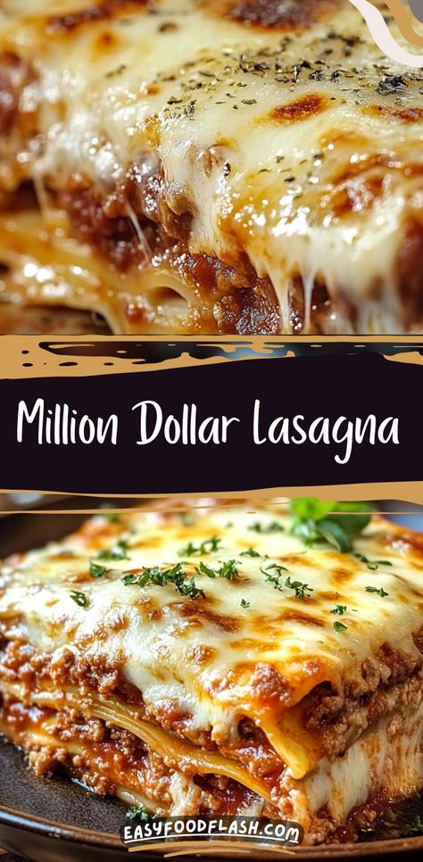 This Million Dollar Lasagna is the ultimate comfort food with layers of rich meat sauce, creamy ricotta mixture, and gooey mozzarella. The perfect blend of savory flavors and creamy textures make this lasagna a family favorite that’s sure to impress. #Lasagna #ComfortFood #CheeseLovers #ItalianRecipes Million Dollar Lasagna, Lasagna Recipes, Ricotta Pasta, Gatherings With Friends, Parmesan Pasta, No Noodle Lasagna, Lasagna Recipe, Meat Sauce, Ultimate Comfort Food