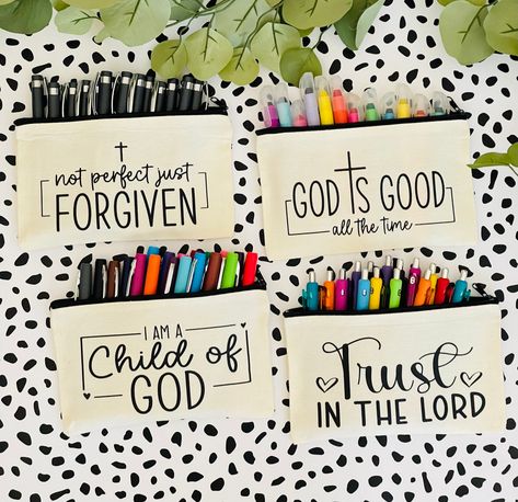 Canvas Pencil Pouch, Pencil Pouches, Christian Accessories, Unorganized Idea, Canvas Bag Design, Christian Shirts Designs, Bible Study Tools, Zipper Pouches, Highlighters Markers