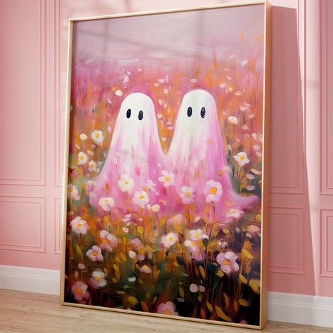 🌟 Why You'll Fall Head Over Heels for This Print: 👻 Artistic Flair: This isn't your average Halloween print; it's an oil painting style that adds a touch of class. 🌸 Floral Fantasy: The wildflowers add a unique twist to your fall decor, making it bloom with possibilities. 🎨 Instant Gratification: As a digital download, you can print it and hang it faster than you can say "Boo!" Fall Decor Flowers, Colorful Ghost, Cute Apartment Decor, Ghost Decor, Wall Art Flowers, Girly Room Decor, Colorful Halloween, Cart Ideas, Flowers Pastel