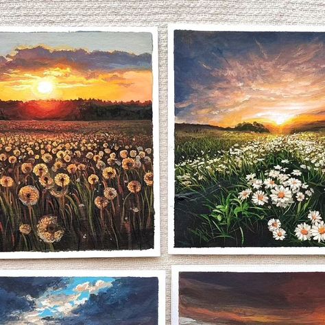 𝐅𝐢𝐟𝐢𝐚 𝐏. 𝐍𝐚𝐛𝐢𝐥𝐚 | Gouache Artist on Instagram: "Sunset series, which one is your favorite?🌄 Mine is the second slide😊  Available in my shop (link in my bio)  #gouachepainting #gouache #sunset" Gouache On Canvas, Gouache Scenery Painting, Detailed Gouache Painting, Gouache Sunset, Aesthetic Gouache Art Landscape, Gouache Cityscape, Sunset Painting Acrylic, Large Canvas Painting, Gouache Art