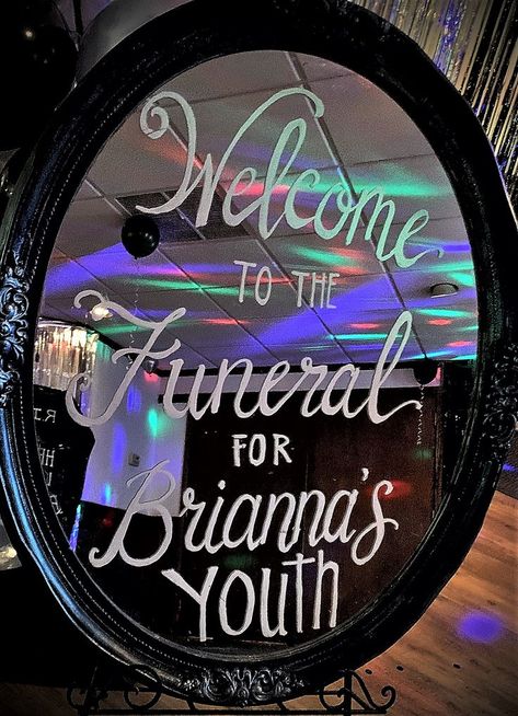 Custom Hand Lettered Welcome Sign on Vintage Mirror-Funeral for My Youth Birthday Party Dirty 30 Birthday Party, 30th Birthday Party Themes, 40th Bday Ideas, 30th Bday Party, 30th Birthday Themes, 30th Birthday Bash, 39th Birthday, 20th Birthday Party, 30th Birthday Decorations