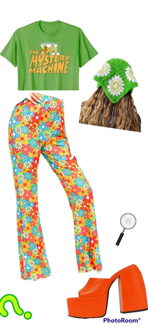 Mystery Machine Aesthetic, Aesthetic Scooby Doo Costume, Mystery Machine Tattoo, Mystery Machine Flowers, Mystery Machine Costume, Cute Scooby Doo Costume For Women, Fred Costume From Scooby Doo Women, Fred Inspired Outfit Scooby Doo, Scooby Doo Inspired Outfits