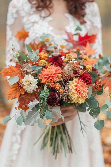 Autumn Bliss: 22 Gorgeous Fall Wedding Bouquets • Fall Bridal Bouquet October, Simple Fall Wedding, Loose Bouquet, Fall Wedding Bouquet, Wedding Bouquet Ideas, Fall Bouquet, Round Bouquet, Late Summer Weddings, Bridal Bouquet Fall