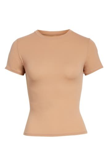 This crewneck T-shirt that perfectly hugs your curves with a buttery-soft feel is perfect to wear alone or layer under closet essentials. 20 1/2" length (size Medium) Crewneck 79% nylon, 21% spandex Machine wash, line dry Imported Women's Clothing Sienna Color, Tan Shirt, Brown Tshirt, Boyfriend T Shirt, Athletic Shirts, Trending Tshirts, Collar Shirts, T Shirt Top, Casual Button Down Shirts