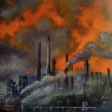 Şelale Gültekin on Instagram: ““View in My Room” painting by Tomas Castaño (was born in Santander/Spain in 1953) He has a realistic style. @pieddepoule_selale #beyoğlu…” Air Pollution Painting, Pollution Aesthetic, Pollution Painting, Environmental Painting, Air Pollution Poster, Decay Art, Baby Captions, Environment Painting, Environmental Pollution