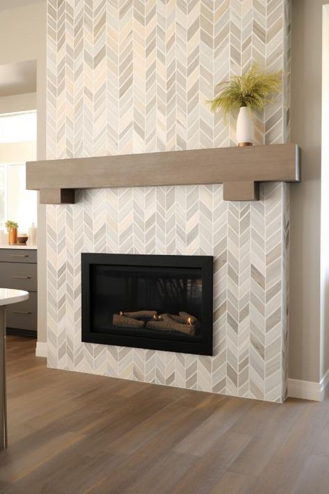 40 Charming Farmhouse Fireplace Tile Ideas You’ll Love Farmhouse Gas Fireplace, Farmhouse Fireplace Tile, Tiled Fireplace Wall, Tile Around Fireplace, Herringbone Fireplace, Fire Restoration, Fireplace Tile Ideas, Fireplace Accent Walls, Fireplace Redo