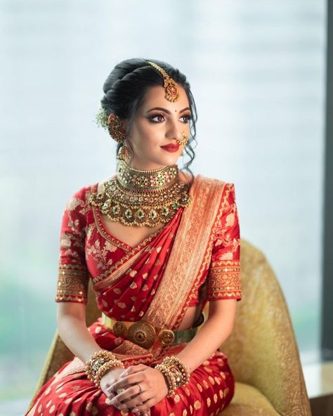 1 Red Kanjeevaram - 15+ Unique Bridal Looks | WedMeGood Red Saree Wedding, South Indian Bride Saree, Bridal Sarees South Indian, Indian Bridal Sarees, Indian Bride Outfits, Bridal Outfit, Bridal Dress Fashion, Indian Bridal Dress, Indian Bridal Wear