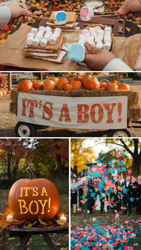 Get inspired with these 27 creative fall gender reveal ideas! Whether you're planning a cozy backyard gathering or an elegant autumn-themed celebration, these ideas will make your special moment unforgettable. Discover fun ways to reveal the big news with seasonal touches like pumpkins, leaves, and warm colors. Perfect for adding a touch of fall magic to your big reveal! S’mores Gender Reveal, Night Time Gender Reveal Ideas, Gender Reveal Ideas November, Simple Gender Reveal Ideas With Siblings, Fall Gender Reveal Food Ideas, Bonfire Gender Reveal, Gender Reveal Ideas Thanksgiving, Fall Theme Gender Reveal, Fall Themed Gender Reveal Party Ideas