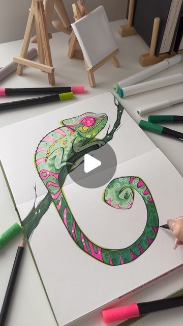 Kalinina🎨 on Instagram: "Hi! Let’s start the work week with a Chameleon!🍀🌿💗 #chameleon #nature #drawing #arts #sketchbook #markers" Chameleon Drawing, Baby Tate, Chameleon Art, Drawing Arts, 21 Savage, Sketches Tutorial, Nature Drawing, Tree Drawing, Work Week