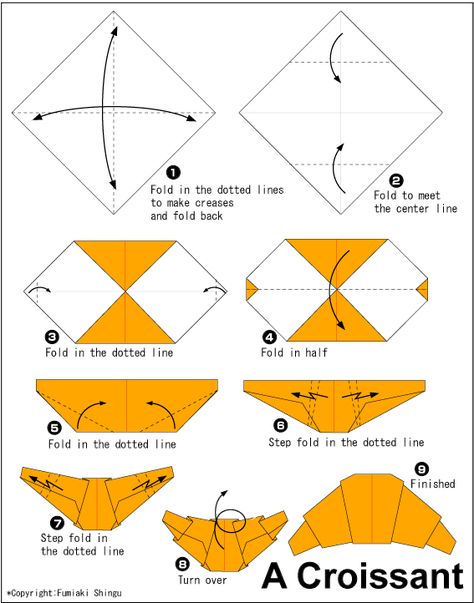 Origami Croissant - Translate into French. Use to teach either the imperative mood or the history of the croissant. 3d Templates, French Crafts, Decoration Vitrine, Origami Diagrams, Kids Origami, Origami Bag, Cute Origami, Origami Fish, Origami And Kirigami