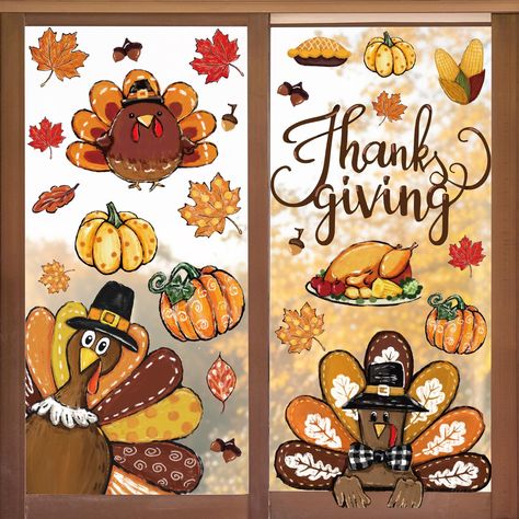 PRICES MAY VARY. THE PACKAGE INCLUDES: You will receive 6 sheets window clings, a total of 54pcs, each sheet measures about 20 x 30 cm/7.9 x 11.8 inch, sufficient quantity can meet your different needs for decoration. ABUNDANT DESIGN: Featuring fall Thanksgiving theme, patterned with turkey, leaves, pumpkin, etc, printed with the words of Thanksgiving, exquisite and attractive, adding a lot fun to the fall season. DOUBLE SIDED PRINTING: With a double-sided design, you can evidently see the patte Thanksgiving Hallway Decorations, Thanksgiving Office Decorations, Thanksgiving Window Decorations, Turkey Decor, Turkey Pumpkin, Thanksgiving Theme, Glass Decals, Window Ideas, Thanksgiving Decor