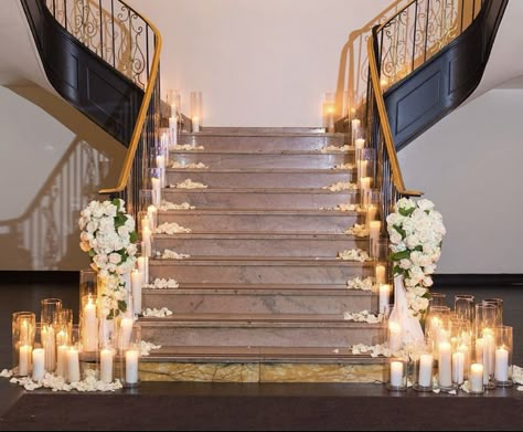 Wedding Ceremony Stairs, Grand Staircase Wedding Decor, Wedding Stairs Decoration, Candle Staircase, Wedding Isle Candles, Hotel Wedding Ceremony Decorations, Candle Stairs, Barker Wedding, Wedding Stairs