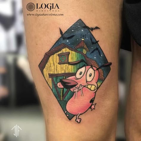 Tatuaje estilo cómic a color de Agallas el perro cobarde en el muslo realizado en Logia Tattoo  por Dif Yantra. Unicorn Tattoo Designs, Courage Tattoos, Voodoo Tattoo, Cartoon Tattoo, Cool Wrist Tattoos, Courage The Cowardly Dog, Cowardly Dog, Unicorn Tattoos, Arm Sleeve Tattoos