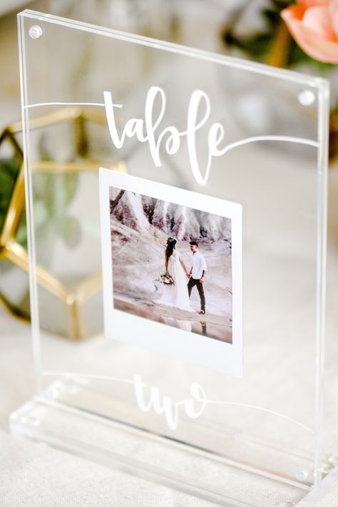 Acrylic Wedding Centerpiece or Table Number. Modern Idea by Kara's Party Ideas. instax FUJIFILM Printer-2 #AD Wedding Guest Table Centerpieces, Table Number Ideas, Photo Centerpieces, Guest Table Centerpieces, Wedding Guest Table, Number Ideas, Cricut Wedding, Acrylic Frame, 카드 디자인