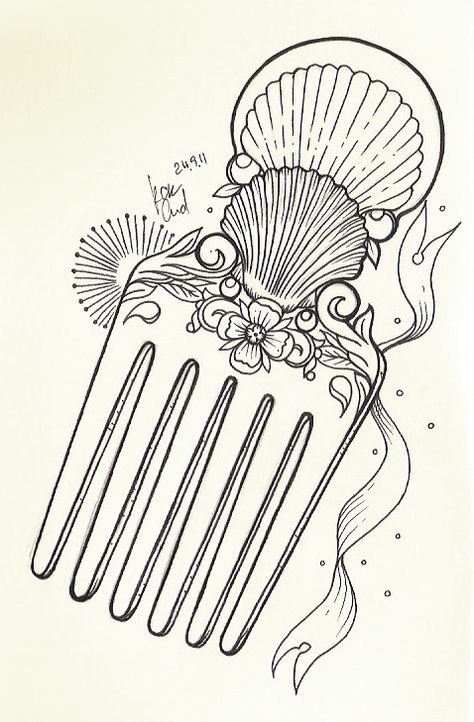 comb Mermaid Accessories Drawing, Mermaid Crown Drawing, Hairbrush Tattoo, Comb Tattoo, Vintage Comb Tattoo, Comb Drawing, Mermaid Hair Illustration, Mermaid Outline, Vintage Hair Comb