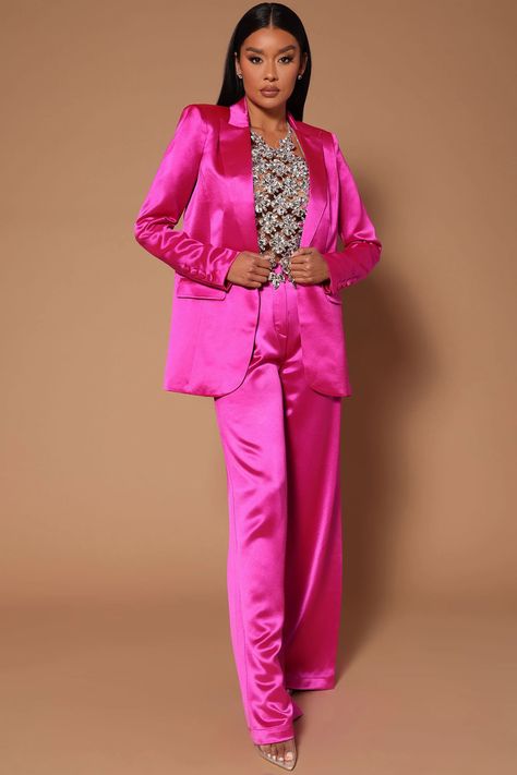 Hot Pink Suit Women, Pink Suits Women, Barbie Bachelorette, Gold Blazer, Blazer Outfits For Women, Satin Blazer, Pink Sparkly, Pink Suit, Fashion Nova Pants