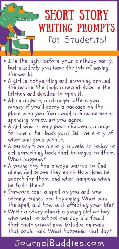 One of the best things students can do to hone their story-writing skills is to practice doing it. Make practice a bit easier with these short story prompts. #shortstorywriting #shortstoryprompts #writingshortstories #journalbuddies Short Writing Prompts, Short Story Ideas, Short Story Writing Prompts, Narrative Writing Activities, Short Story Writing, Writer Resources, Short Story Prompts, Common App Essay, Writing Story