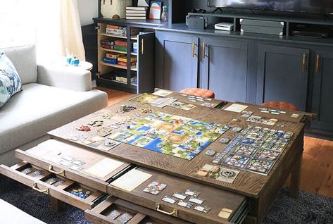 Don't have a dedicated room for table top board gaming? Check out this design and tips for turning any space into the ultimate table top gaming room! Board Game Room, Game Room Tables, Board Games Diy, Board Game Storage, Puzzle Table, Board Game Table, Game Room Family, Game Storage, Game Table