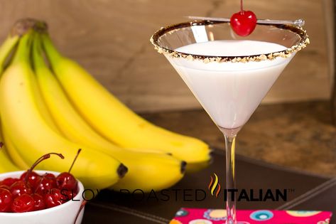 Banana Split Martini  From theslowroasteditalian.com #recipe #cocktail #dessertcocktail Banana Bread Martini, Banana Split Alcoholic Drink, Banana Split Martini, Banana Liquer Cocktails, Martini With Lemon Twist, French Vanilla Creamer, Whipped Vodka, The Slow Roasted Italian, Sweet Cocktails