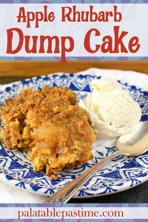 Apple Rhubarb Dump Cake mixes Spring rhubarb with apples for a delicious cobbler-like dessert to serve with ice cream. via @suelau1 Rhubarb Dump Cake, Rhubarb Dump Cakes, Spring Time Desserts, Dump Cake Recipe, Rhubarb Desserts, Rhubarb Cake, Dump Meals, Rhubarb Recipes, Dump Cake Recipes