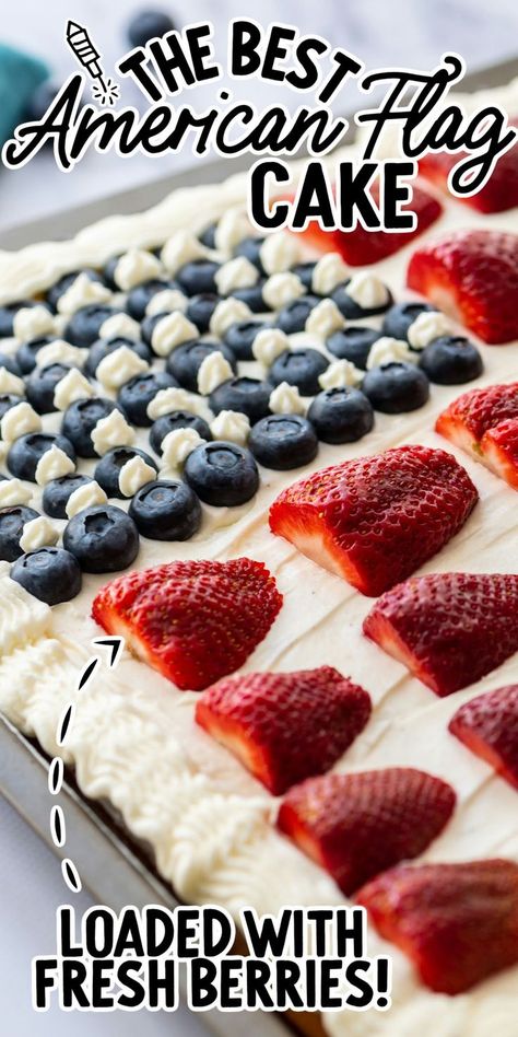 American Flag Cake Vanilla Sheet Cake Recipe, Flag Cake Recipe, Vanilla Sheet Cake, White Sheet Cakes, American Flag Cake, Vanilla Sheet Cakes, Sheet Cake Recipe, Blue American Flag, Flag Cake