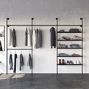 Clothes Rail With Shelves, Industrial Wardrobe, Black Metal Shelf, Metal Storage Shelves, Wardrobe Systems, Open Wardrobe, Heavy Duty Clothes Rack, New York Loft, Coat Rack Shelf