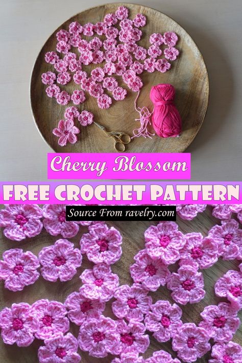 Free Crochet Cherry Blossom Pattern Sakura Blossom Crochet, Crochet Cherry Blossom Tree, Asian Crochet Patterns, Cherry Blossom Granny Square, Crochet Cherry Blossom Pattern, Cherry Blossom Crochet Pattern, Crochet Wisteria Flower Pattern, Crochet Sakura Flower, Sakura Crochet