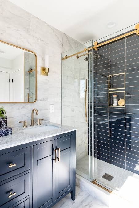 Navy And White Tile Bathroom, Bathroom Remodel Navy, Navy Blue Bathroom Tile, Deep Blue Bathroom, Navy Bathroom Ideas, Blue Marble Bathroom, Walk In Bathroom Showers, Navy Blue Vanity, Herringbone Tile Bathroom