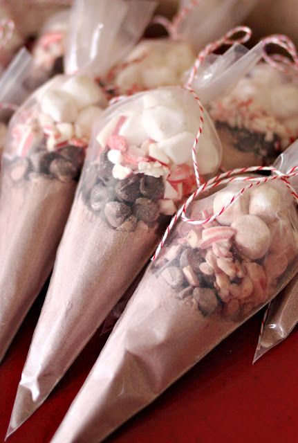 Throw a makeup party and gift hot cocoa in cute bags as favors! | Mary Kay Hot Cocoa Baby Shower Favors, Hot Cocoa Treat Bags, Hot Cocoa Favors Diy, Hot Cocoa Party Favor, Diy Christmas Gifts Hot Chocolate, Christmas Gifts Hot Chocolate, Hot Cocoa Cones, Hot Chocolate Party Favors, Hot Cocoa Favors