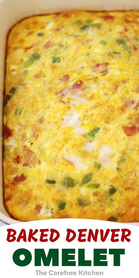 Baked Denver Omelet is perfect for busy mornings! It's hearty, delicious and can be ready on the table in no time. Just like the traditional Denver omelet, it’s chock full of ham, green peppers, onions and cheese, only baked casserole style making it a simple no-fuss breakfast for any occasion. Oven Baked Denver Omelet, Baked Egg Omlet Recipes, Oven Denver Omelet, Egg Omelette Casserole, Baked Denver Omelet Breakfast Casserole, Egg Bake With Peppers And Onions, Oven Omelette Recipe Breakfast Casserole, Western Omelette Casserole, Denver Egg Bake