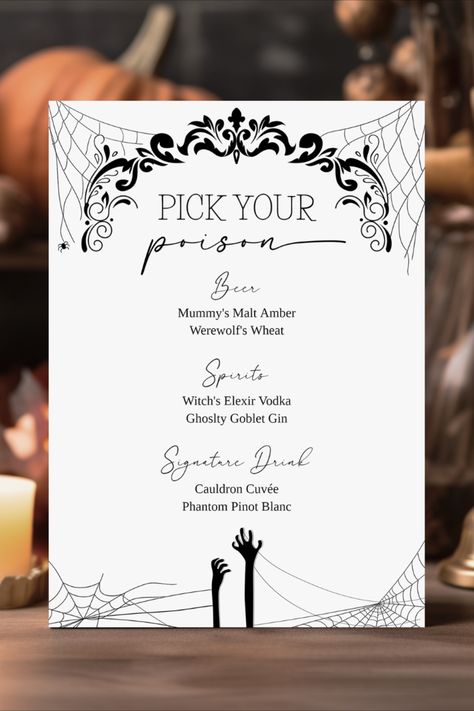 Elegant Halloween Party, Halloween Bar, Halloween Menu, Minimalist Halloween, Pick Your Poison, Elegant Halloween, Adult Halloween Party, Halloween Dinner, Halloween 2020