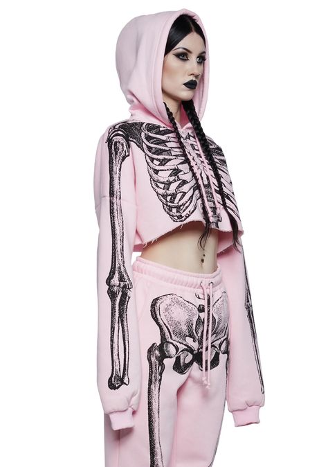 Trickz N' Treatz Skeleton Graphic Cropped Hoodie - Pink Fishnet Tops, Halloween Costume Boots, Dolls Kill Outfits, Haute Mess, Pastel Goth Outfits, Pink Goth, Skeleton Graphic, Knit Toys, Cheerleader Costume