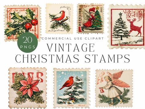 Vintage Christmas Stamps, Vintage Christmas Artwork, Christmas Tags Handmade, Collage Christmas, Holiday Birds, Holiday Stationery, Christmas Ephemera, Christmas Artwork, Holiday Clipart